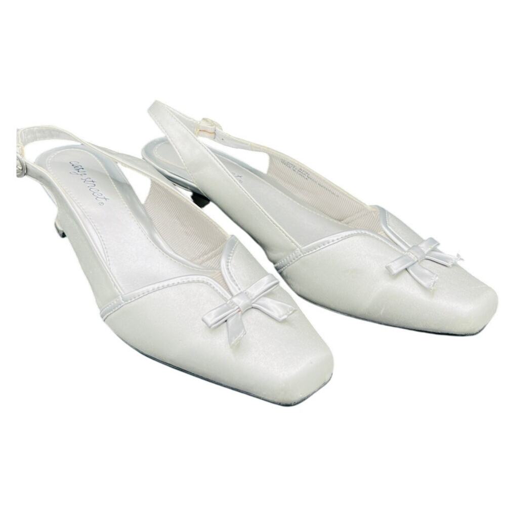 🤍 Easy street Slingback Kitten Heel silver Bow Square Toe Women’s 8.5W Formal